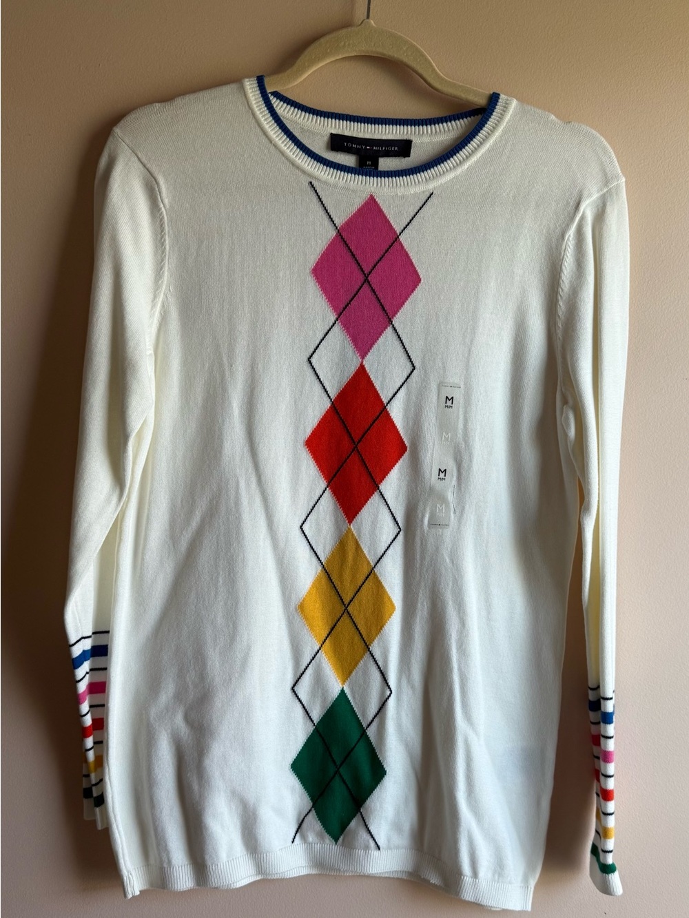 Tommy Hilfiger White Crewneck Sweater with Pink, Red, Yellow & Green Argyle